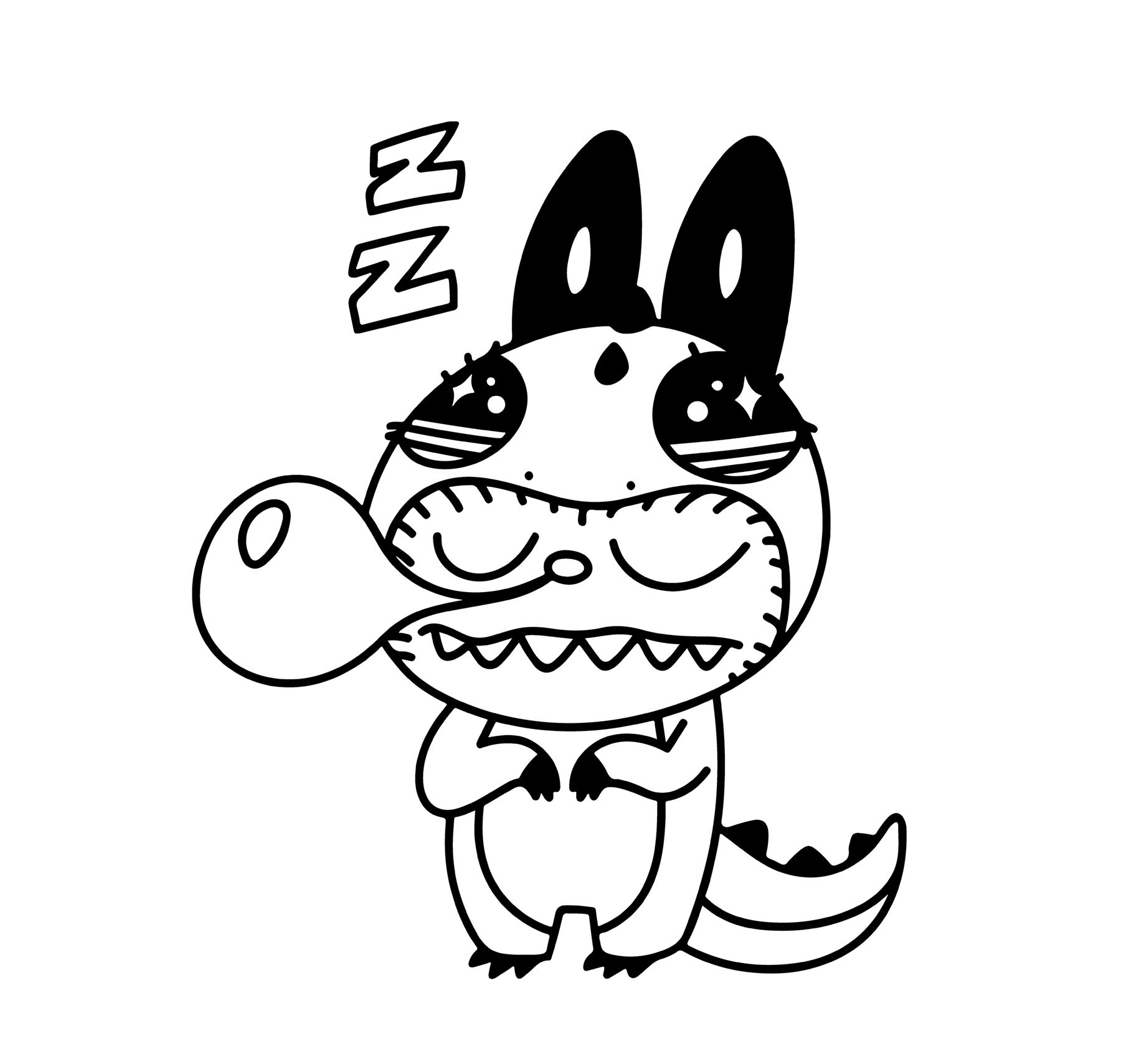 Sleepy Labubu yawning, line art for coloring